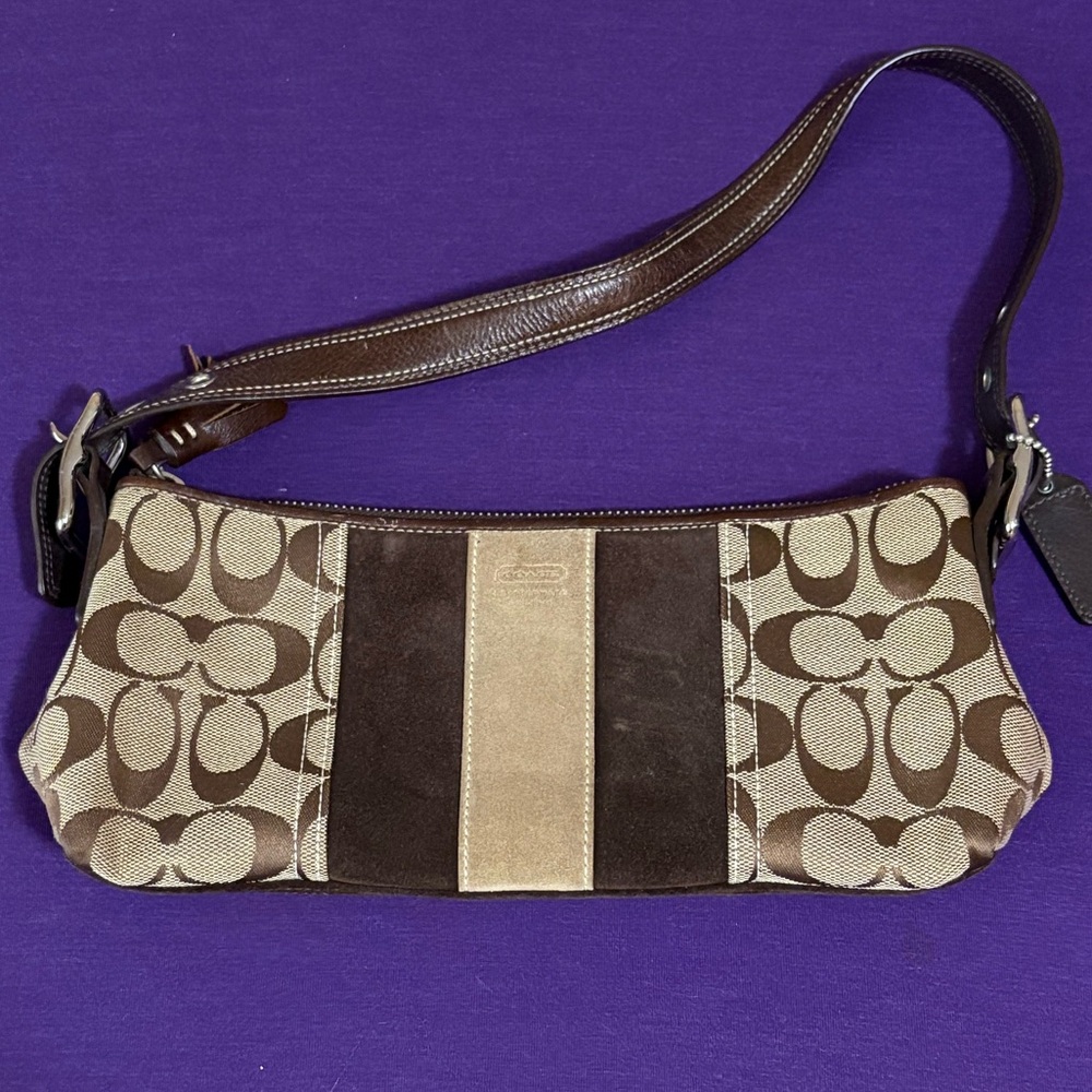 Like New Coach Brown and Tan Signature Striped Demi Shoulder Bag
